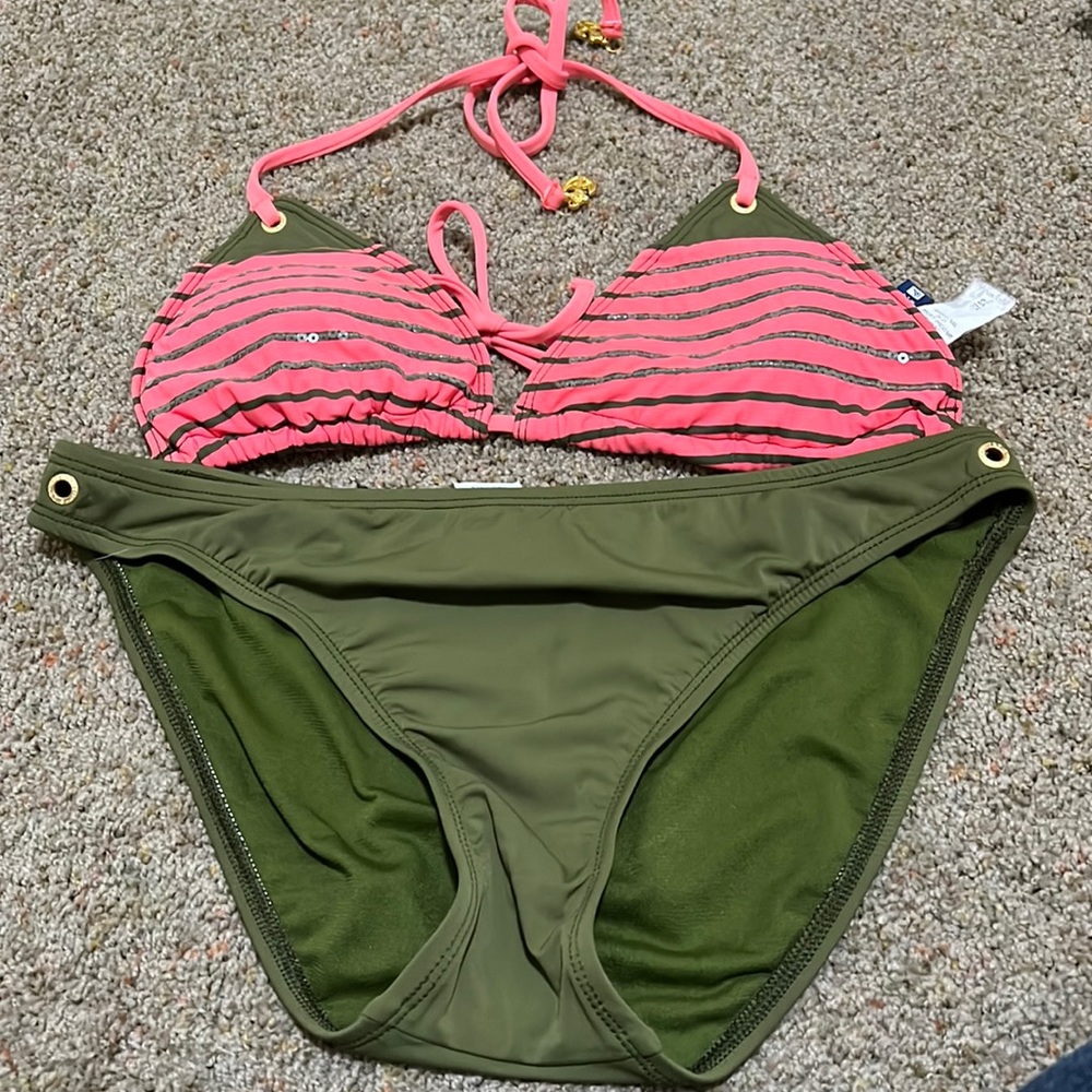 Sperry Olive greee & orange Striped Sequin bikini top Xs /Bottom S